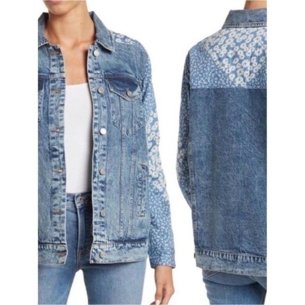 Avec Les Filles Floral Patchwork Acid Wash Denim Trucker Jacket Blue Medium